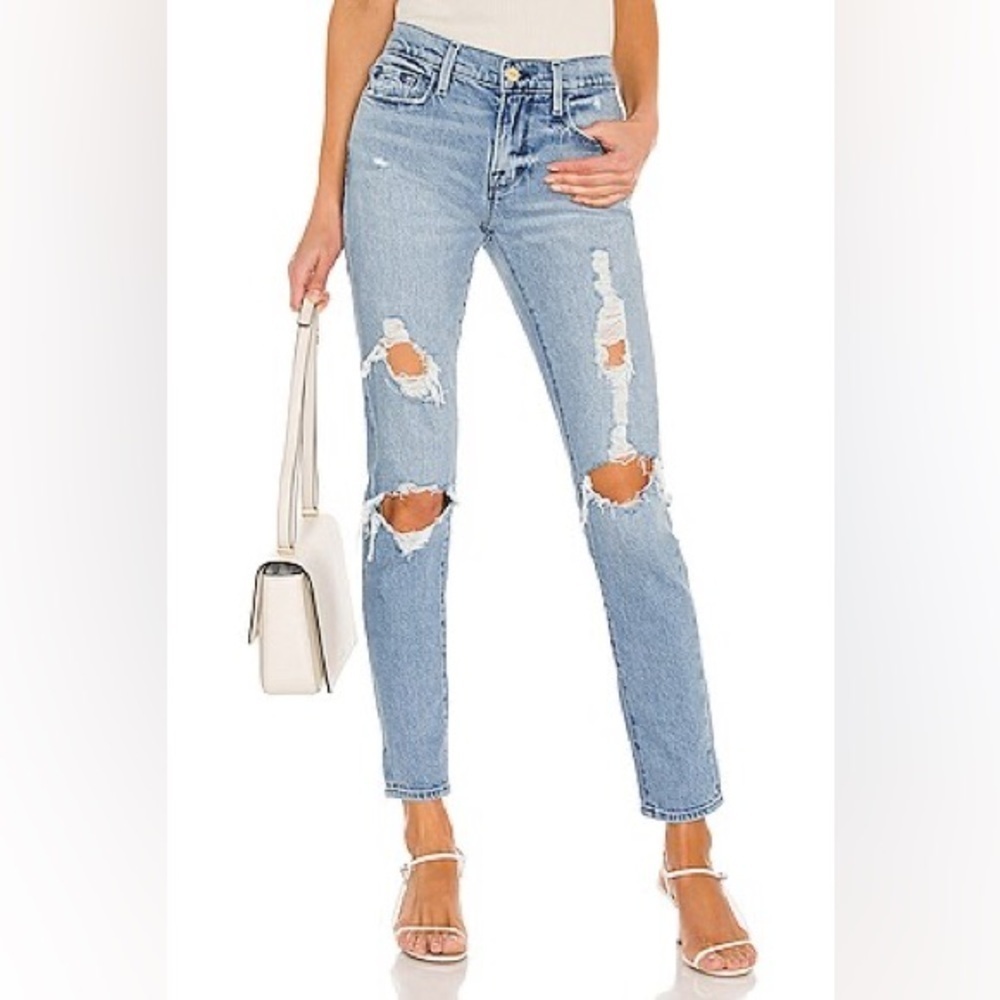 Frame Le Garçon Distressed Beldon Rips Mid-Rise Denim Blue Jeans